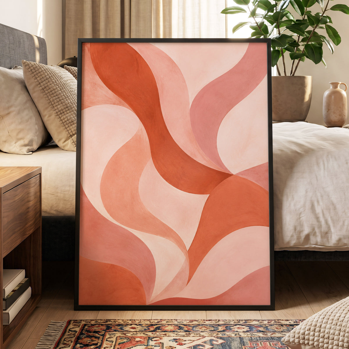 Apricot Ribbons, orange, pink, beige abstract wall art displayed in a styled interior, gallery view 6