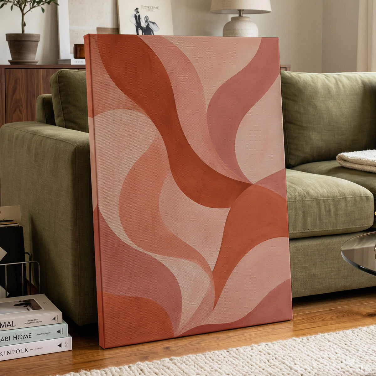 Apricot Ribbons, orange, pink, beige abstract wall art displayed in a styled interior, gallery view 7