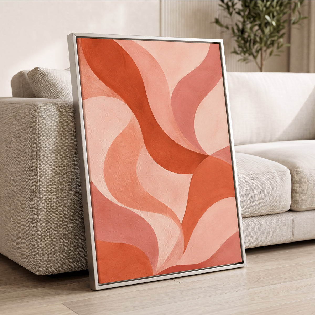 Apricot Ribbons, orange, pink, beige abstract wall art displayed in a styled interior, gallery view 8