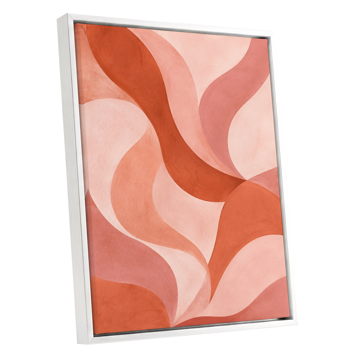 Apricot Ribbons, orange, pink, beige abstract wall art shown as a white framed canvas wall art