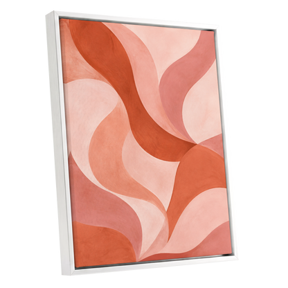 Apricot Ribbons, orange, pink, beige abstract wall art shown as a white framed canvas wall art