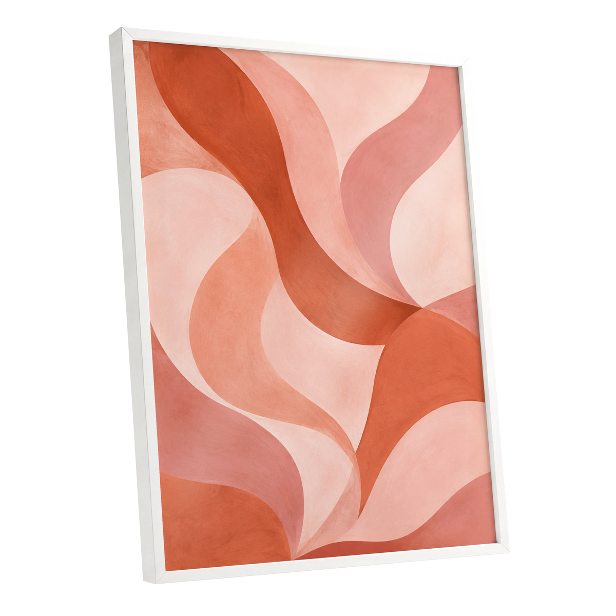 Apricot Ribbons, orange, pink, beige abstract wall art shown as a white framed poster wall art print