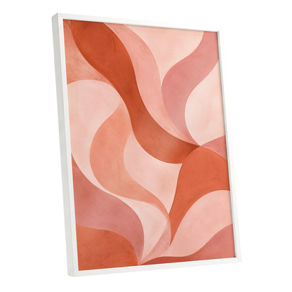 Apricot Ribbons, orange, pink, beige abstract wall art shown as a white framed poster wall art print
