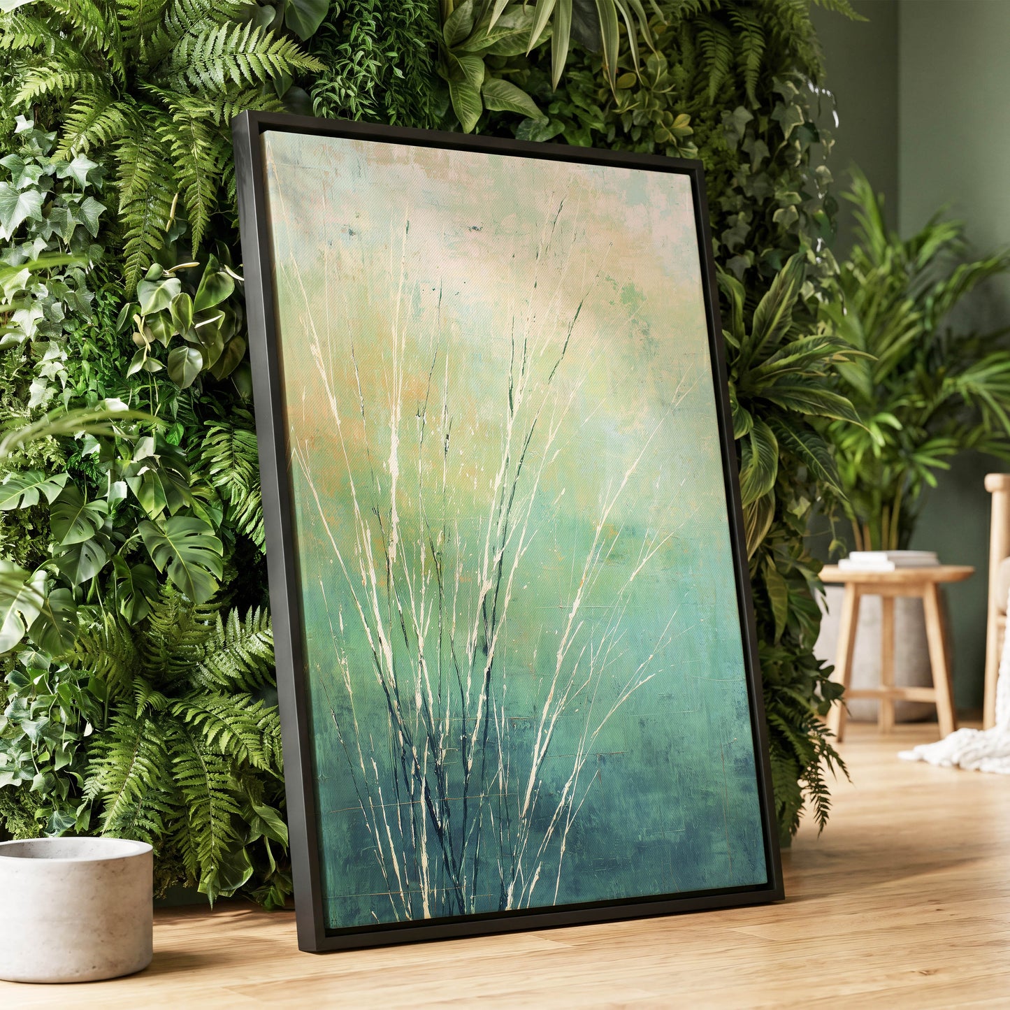 Aqua Meadow Lines – wall art displayed in a styled interior, gallery view 1