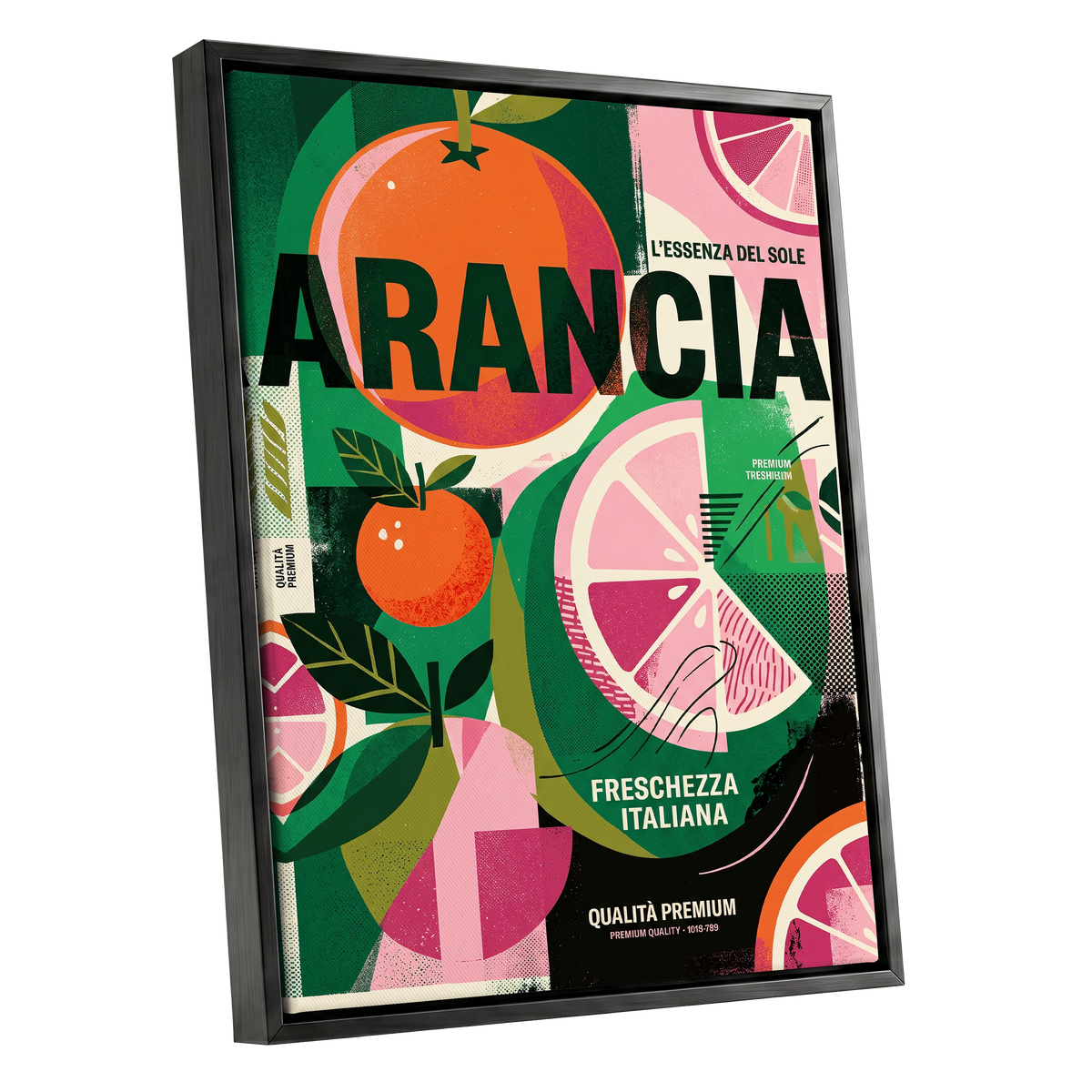 Arancia Fresca, green, pink, orange nature wall art shown as a black framed canvas wall art