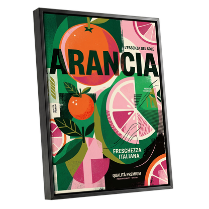 Arancia Fresca, green, pink, orange nature wall art shown as a black framed canvas wall art