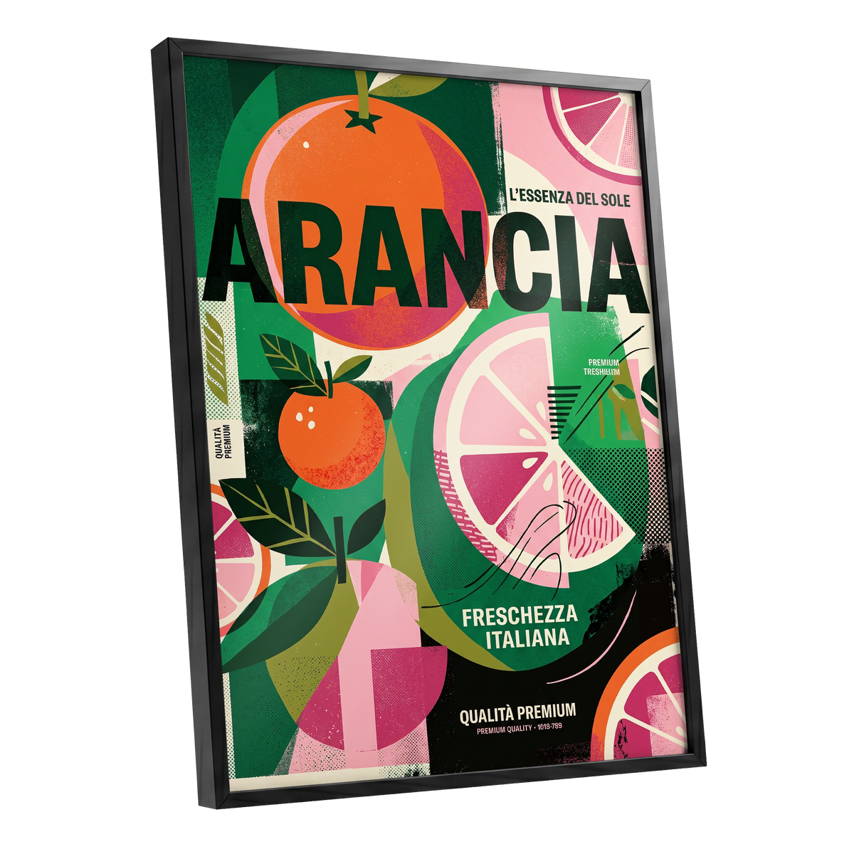 Arancia Fresca, green, pink, orange nature wall art shown as a black framed poster wall art print