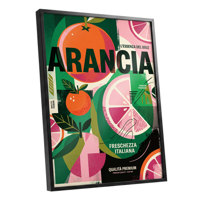 Arancia Fresca, green, pink, orange nature wall art shown as a black framed poster wall art print