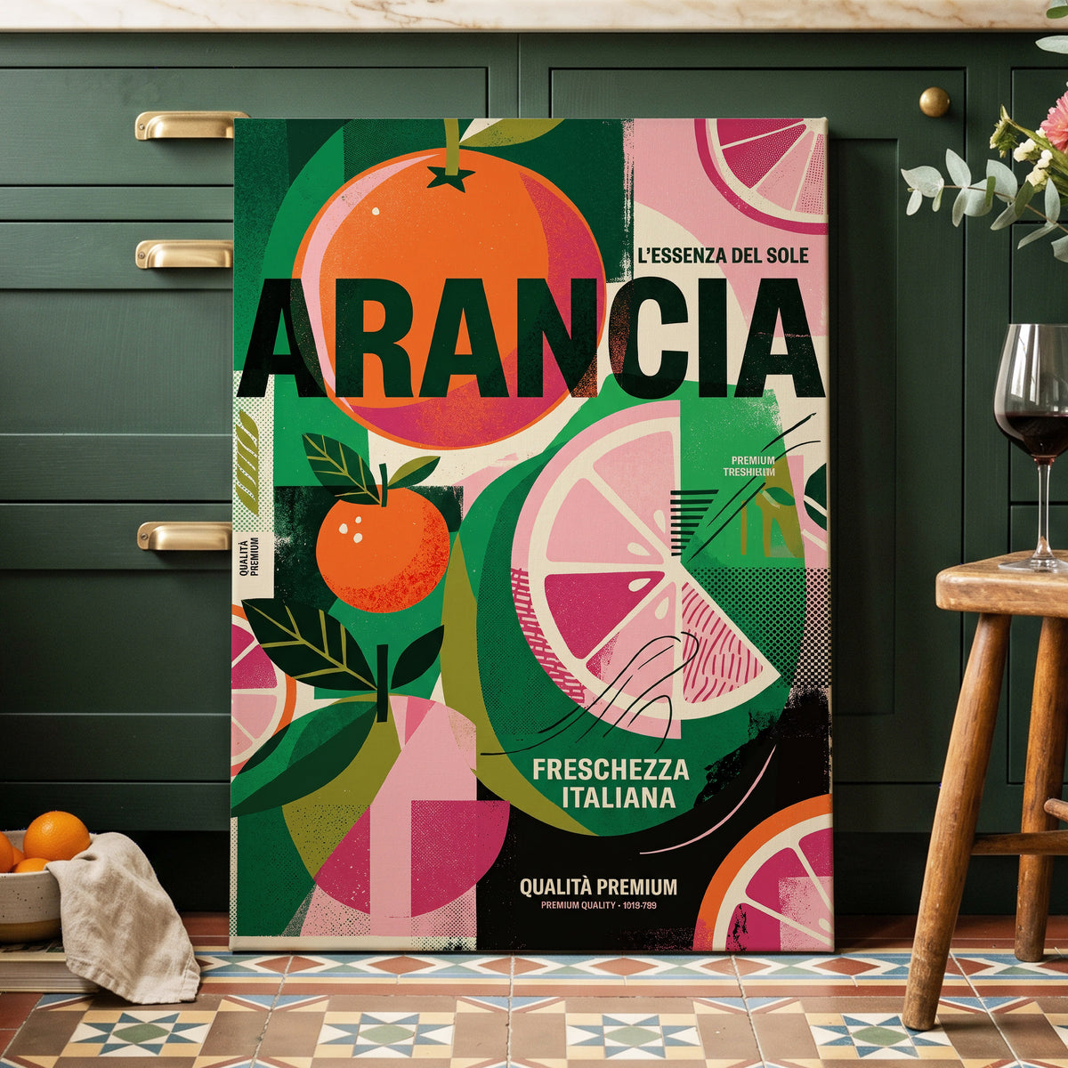 Arancia Fresca, green, pink, orange nature wall art on canvas displayed in a styled interior, gallery view 2