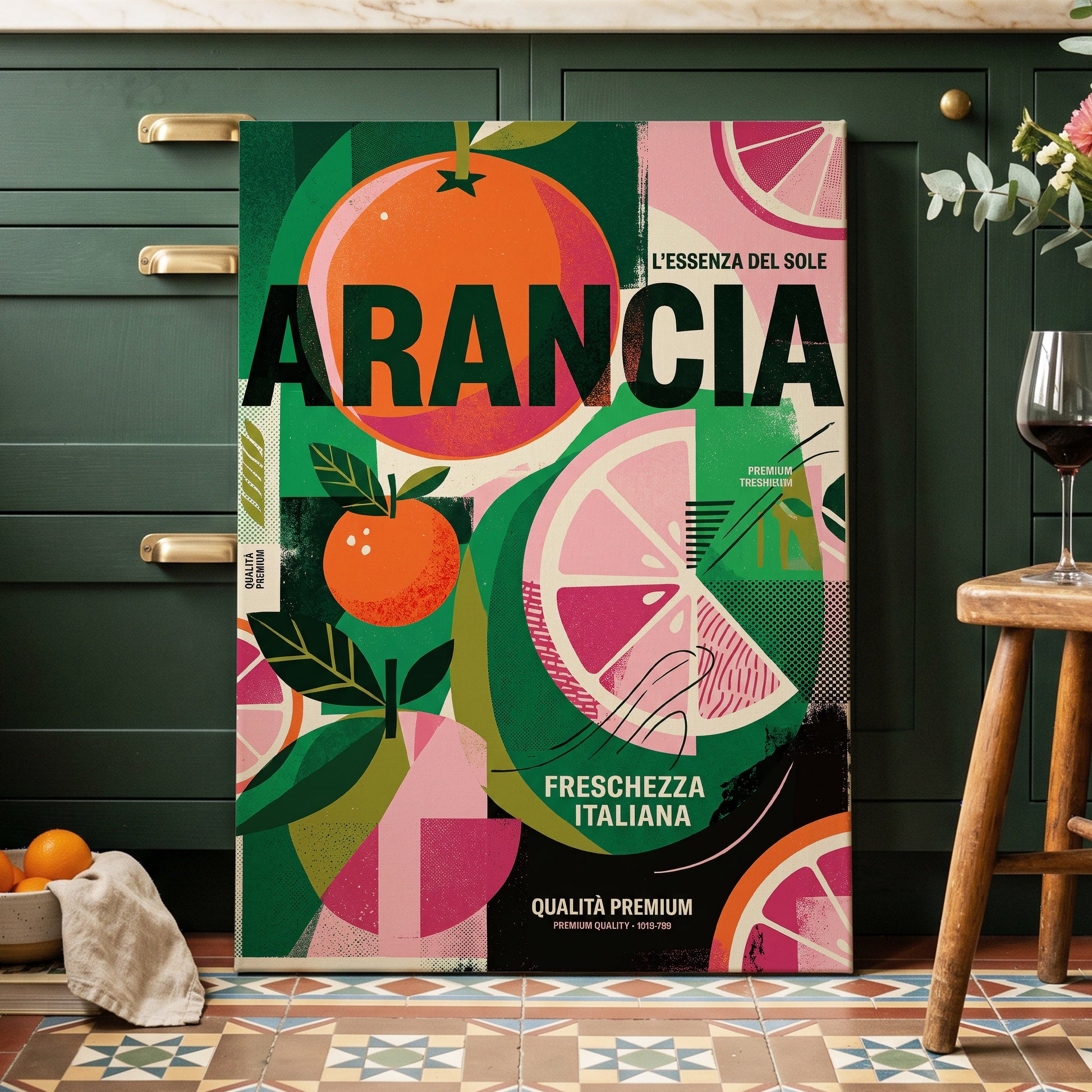Arancia Fresca, green, pink, orange nature wall art on canvas displayed in a styled interior, gallery view 2