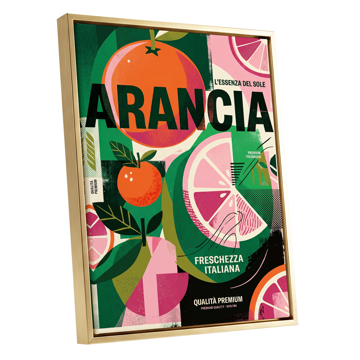 Arancia Fresca, green, pink, orange nature wall art shown as a gold framed canvas wall art