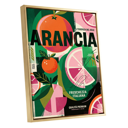 Arancia Fresca, green, pink, orange nature wall art shown as a gold framed canvas wall art
