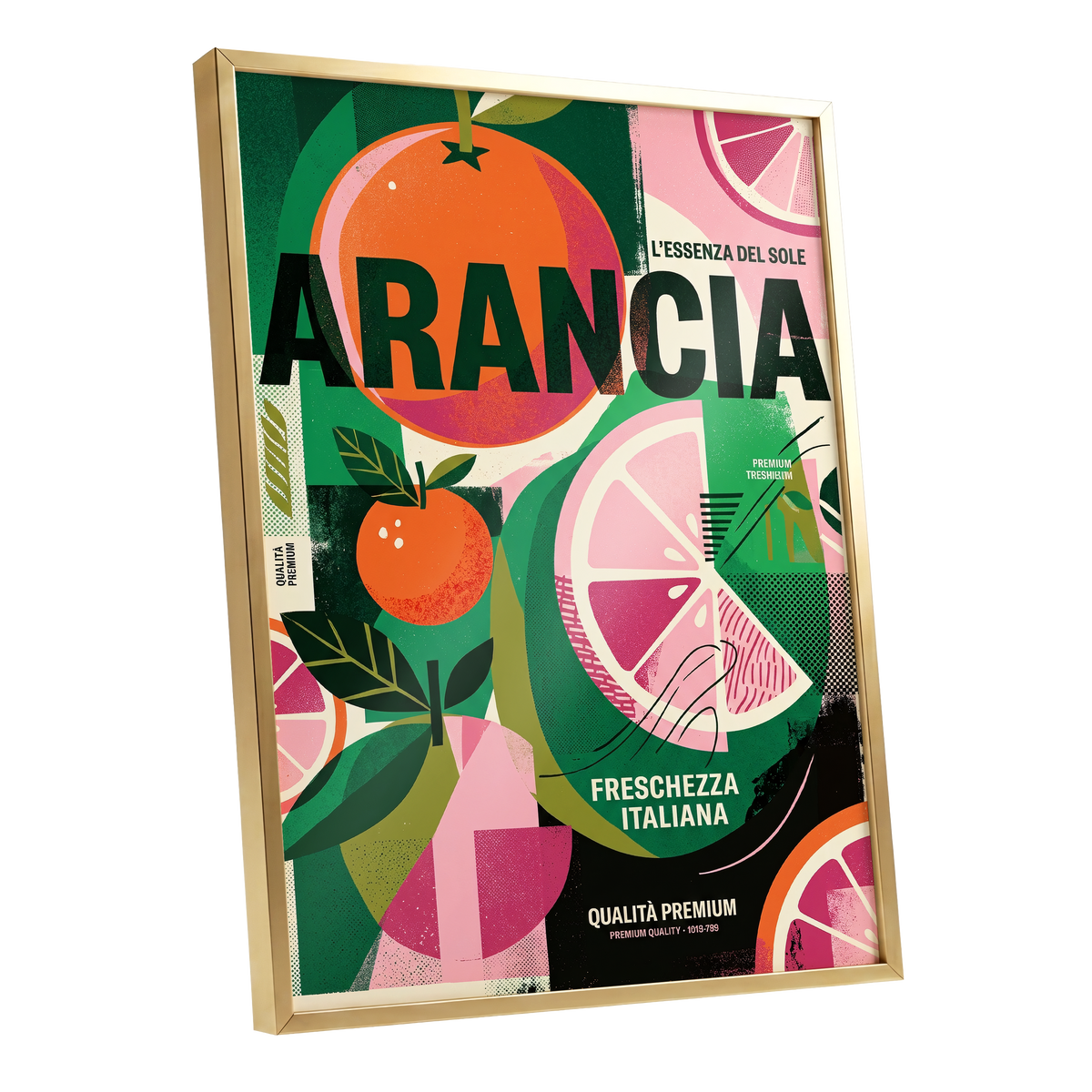 Arancia Fresca, green, pink, orange nature wall art shown as a gold framed poster wall art print