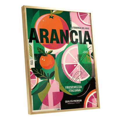 Arancia Fresca, green, pink, orange nature wall art shown as a gold framed poster wall art print