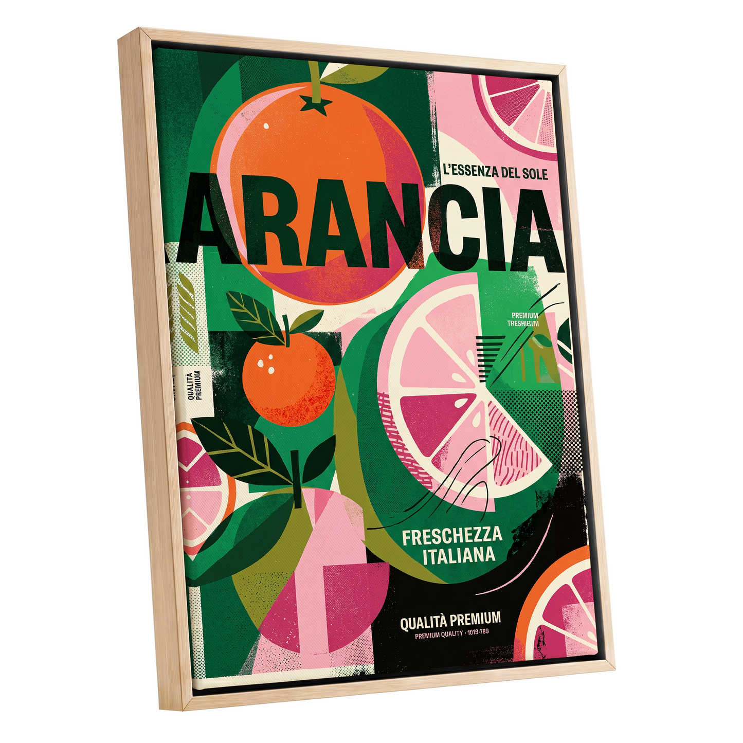 Arancia Fresca, green, pink, orange nature wall art shown as a oak framed canvas wall art