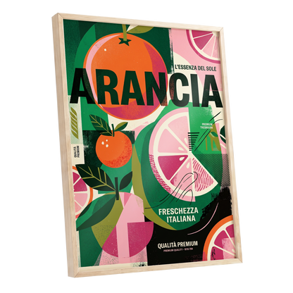 Arancia Fresca, green, pink, orange nature wall art shown as a oak framed poster wall art print