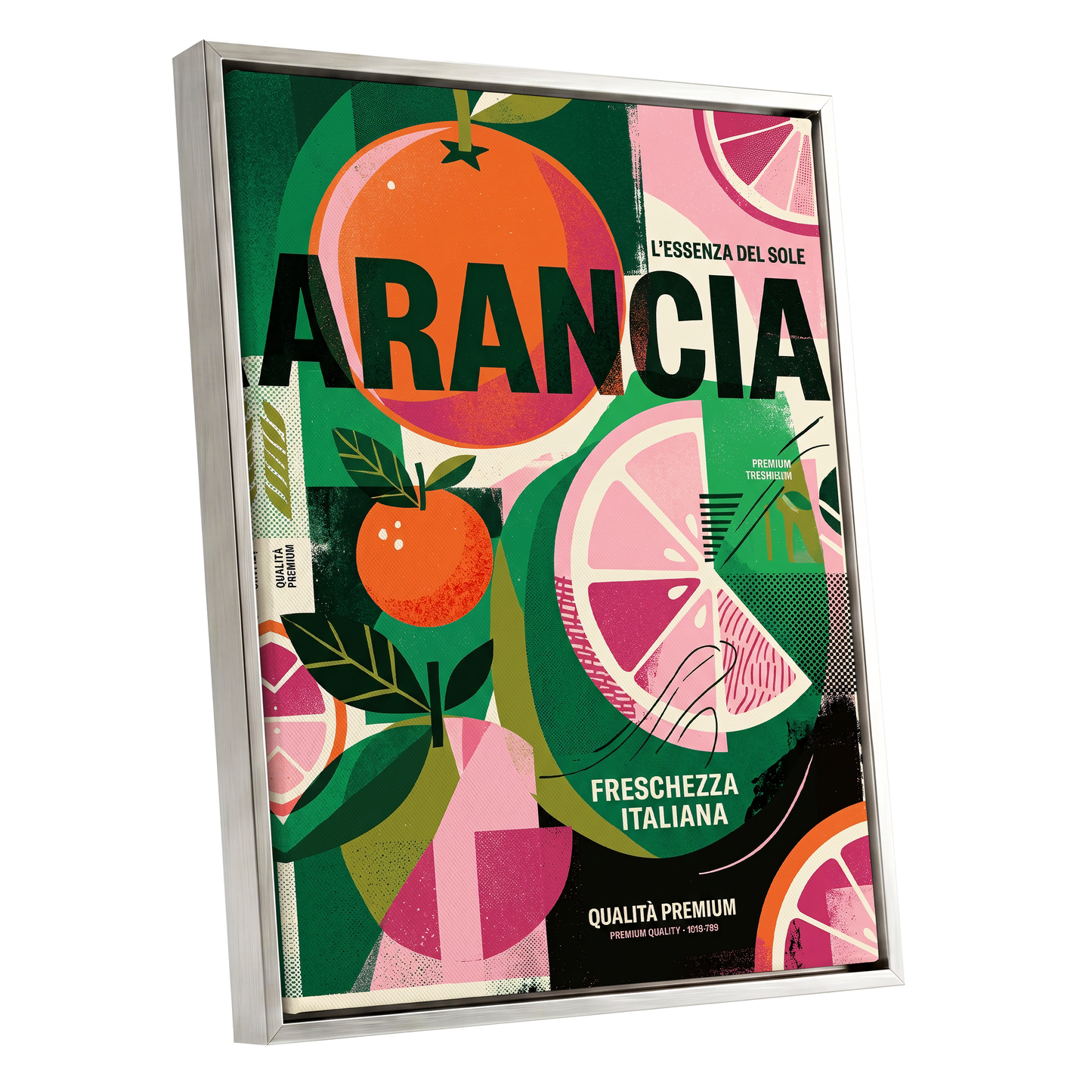 Arancia Fresca, green, pink, orange nature wall art shown as a silver framed canvas wall art