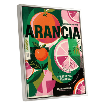 Arancia Fresca, green, pink, orange nature wall art shown as a silver framed canvas wall art