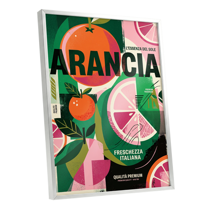 Arancia Fresca, green, pink, orange nature wall art shown as a silver framed poster wall art print