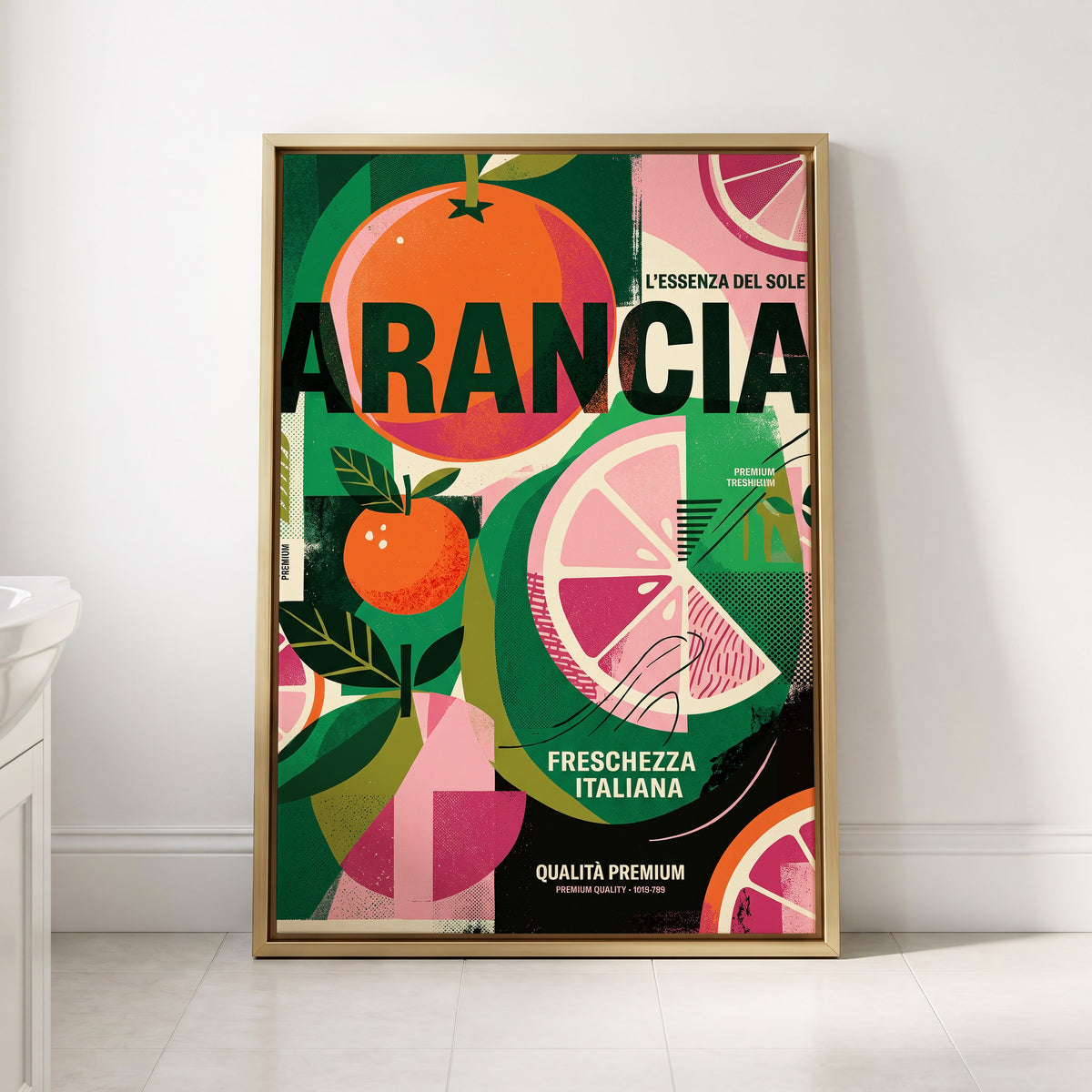 Arancia Fresca, green, pink, orange nature wall art displayed in a styled interior, gallery view 1