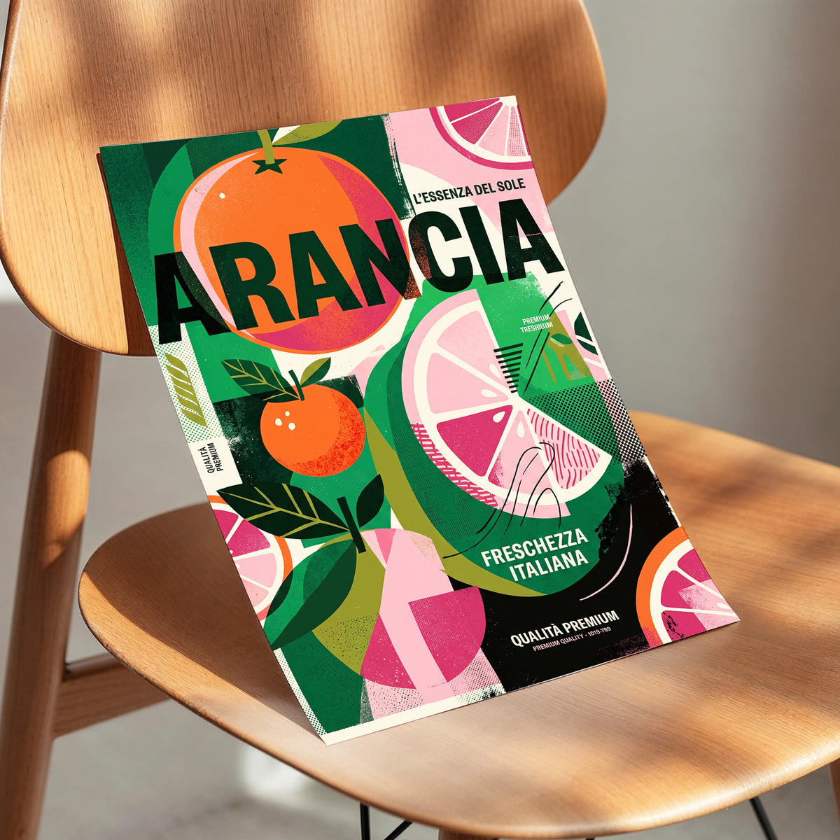 Arancia Fresca, green, pink, orange nature wall art displayed in a styled interior, gallery view 3