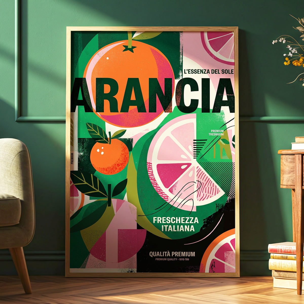 Arancia Fresca, green, pink, orange nature wall art displayed in a styled interior, gallery view 6