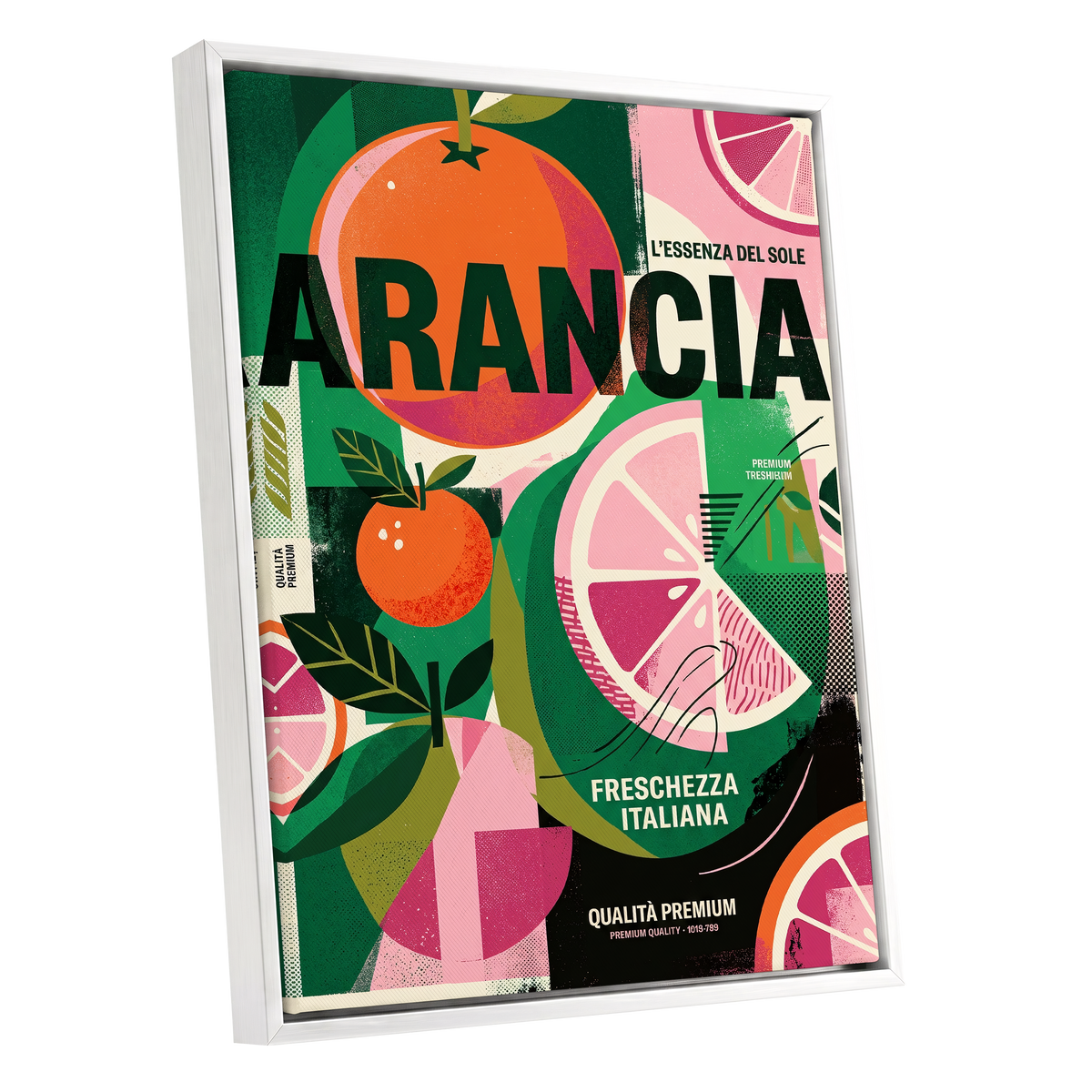 Arancia Fresca, green, pink, orange nature wall art shown as a white framed canvas wall art