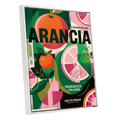 Arancia Fresca, green, pink, orange nature wall art shown as a white framed canvas wall art