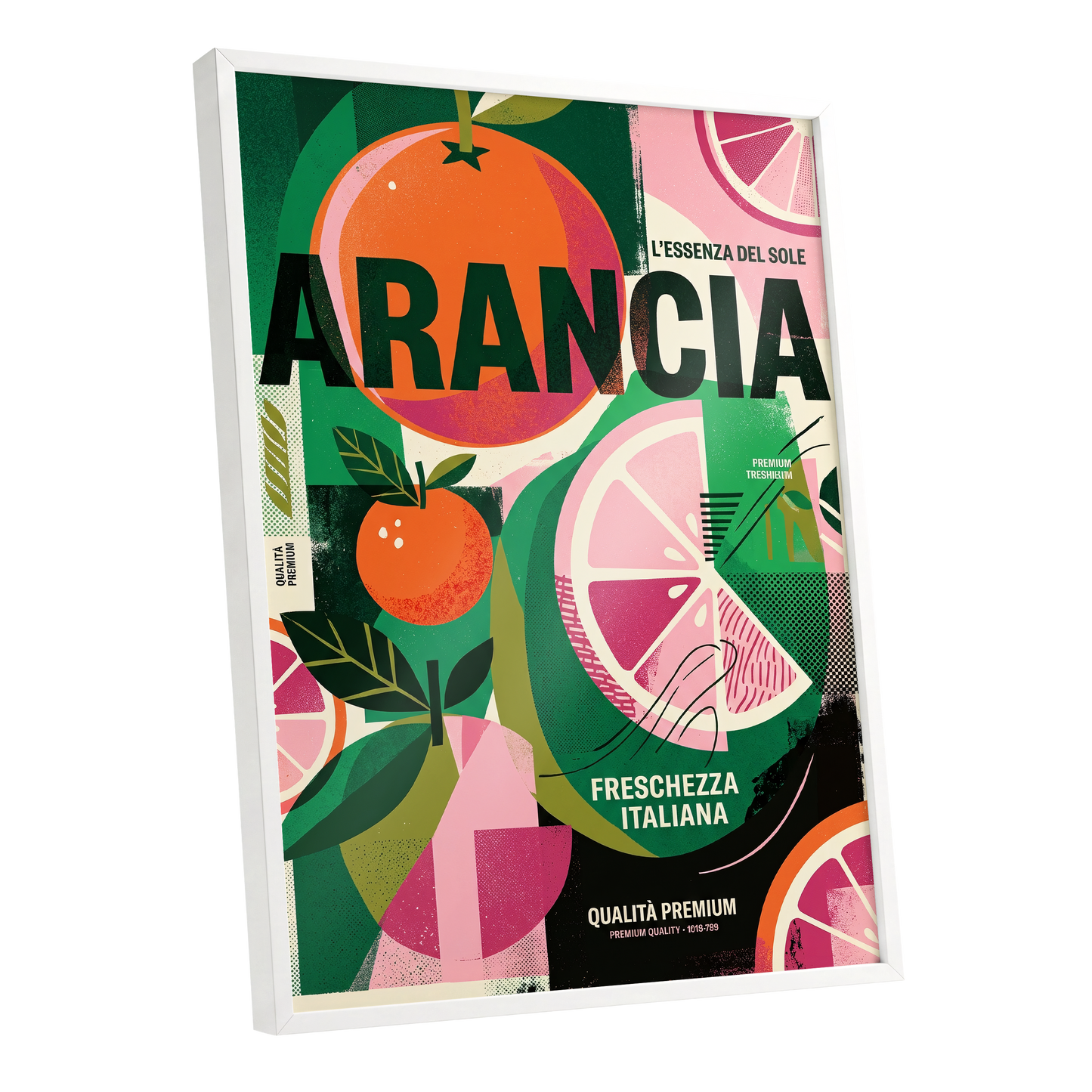 Arancia Fresca, green, pink, orange nature wall art shown as a white framed poster wall art print