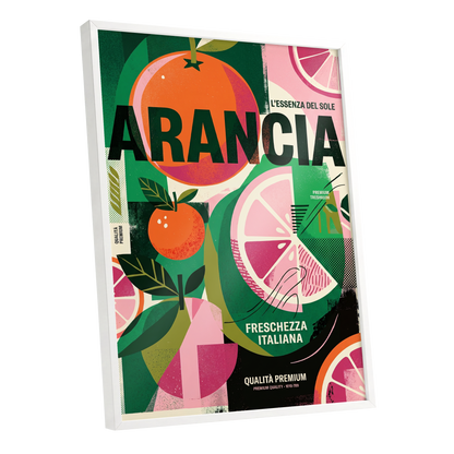 Arancia Fresca, green, pink, orange nature wall art shown as a white framed poster wall art print