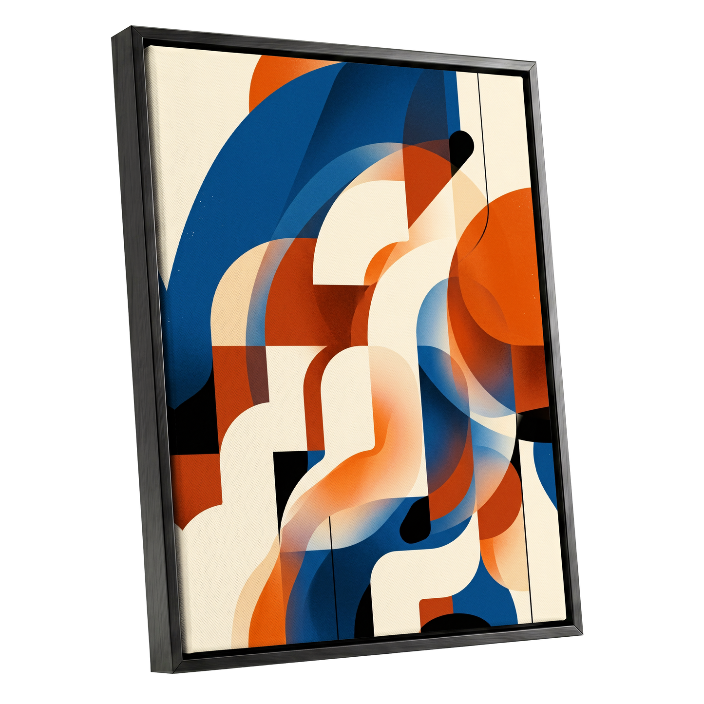 Arc Current, blue, orange, beige abstract wall art shown as a black framed canvas wall art