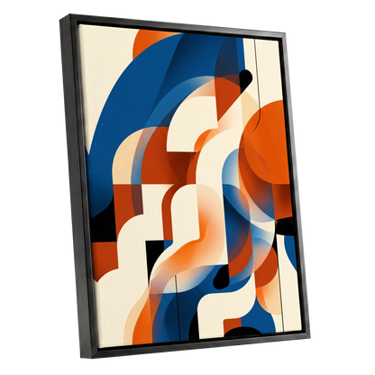 Arc Current, blue, orange, beige abstract wall art shown as a black framed canvas wall art