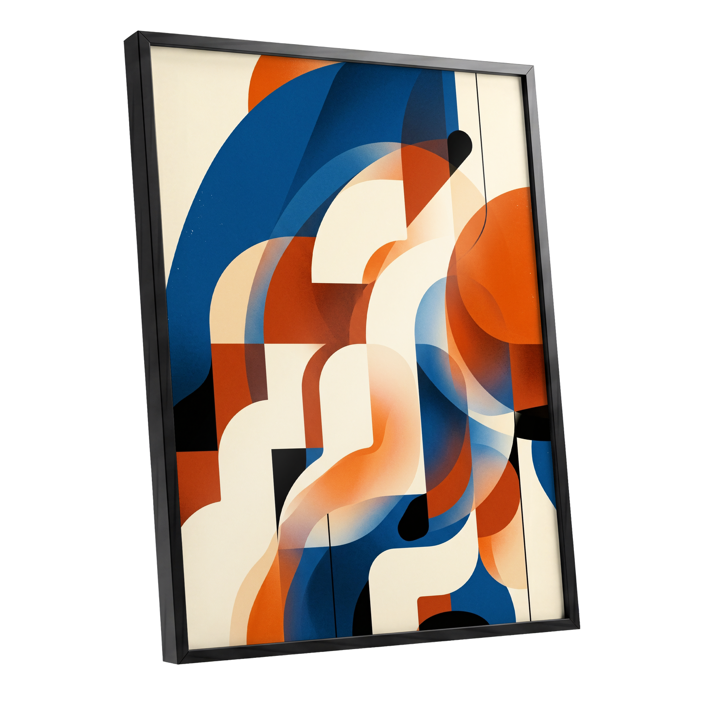 Arc Current, blue, orange, beige abstract wall art shown as a black framed poster wall art print