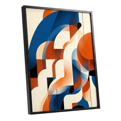 Arc Current, blue, orange, beige abstract wall art shown as a black framed poster wall art print