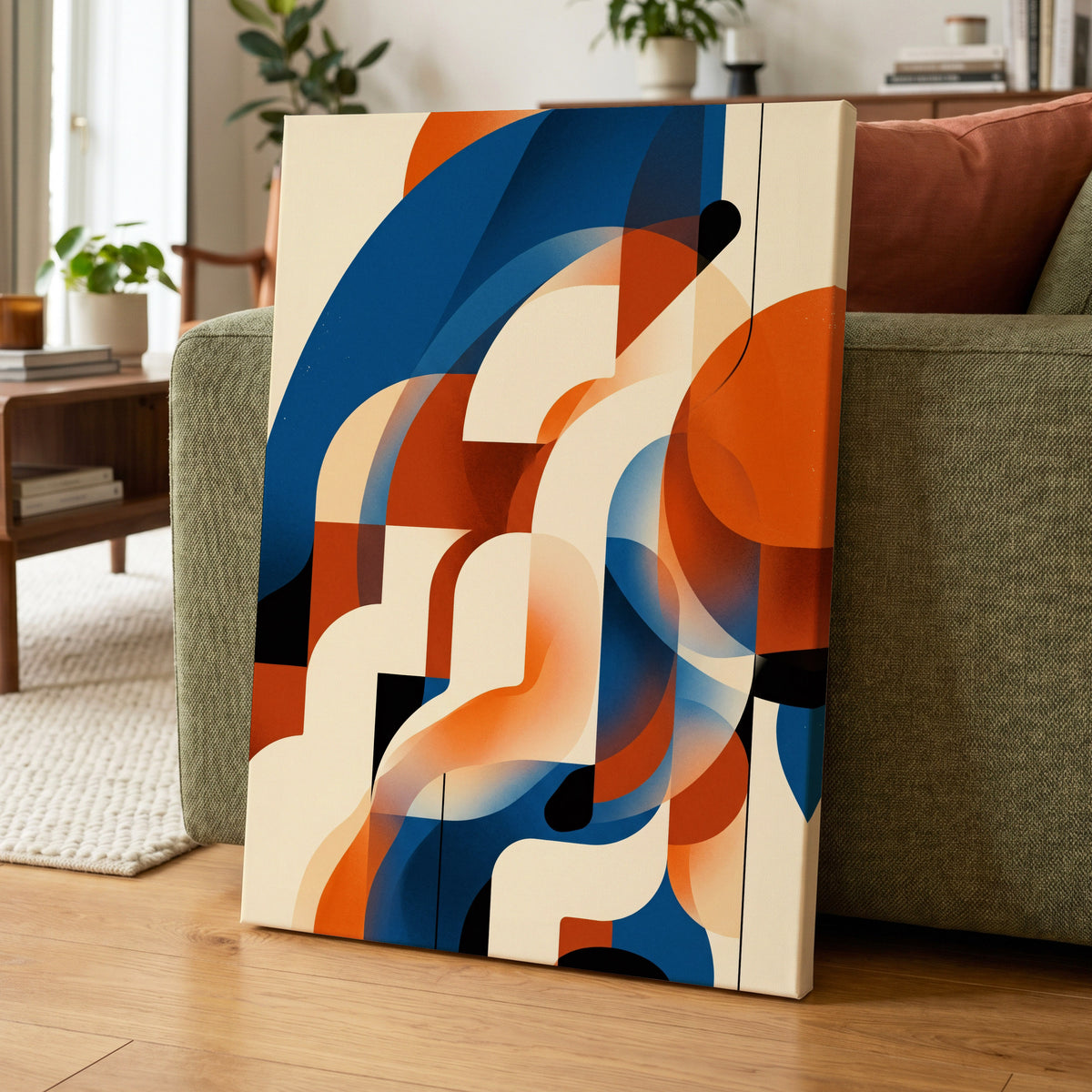 Arc Current, blue, orange, beige abstract wall art on canvas displayed in a styled interior, gallery view 1