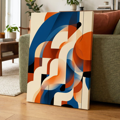 Arc Current, blue, orange, beige abstract wall art on canvas displayed in a styled interior, gallery view 1