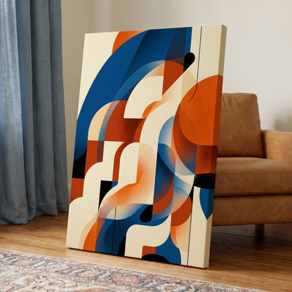 Arc Current, blue, orange, beige abstract wall art on canvas displayed in a styled interior, gallery view 2