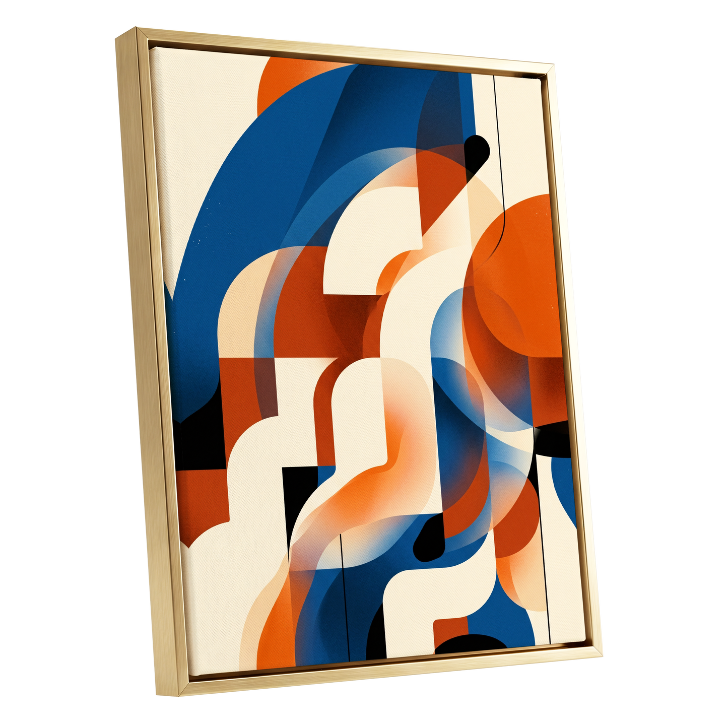 Arc Current, blue, orange, beige abstract wall art shown as a gold framed canvas wall art
