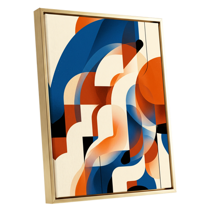 Arc Current, blue, orange, beige abstract wall art shown as a gold framed canvas wall art