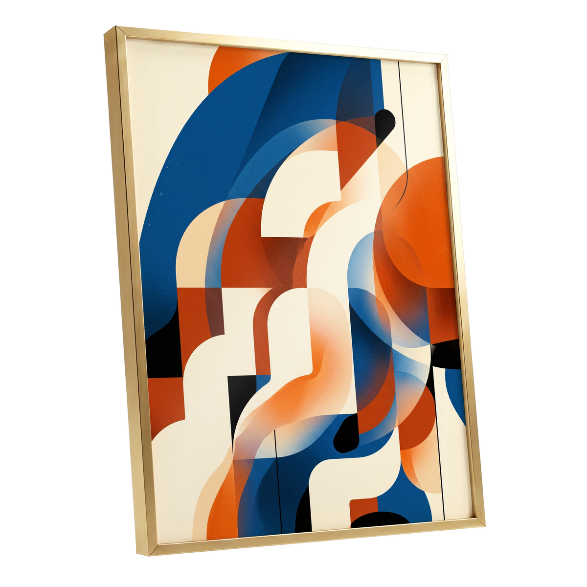 Arc Current, blue, orange, beige abstract wall art shown as a gold framed poster wall art print