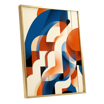 Arc Current, blue, orange, beige abstract wall art shown as a gold framed poster wall art print