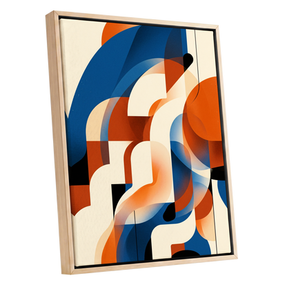 Arc Current, blue, orange, beige abstract wall art shown as a oak framed canvas wall art