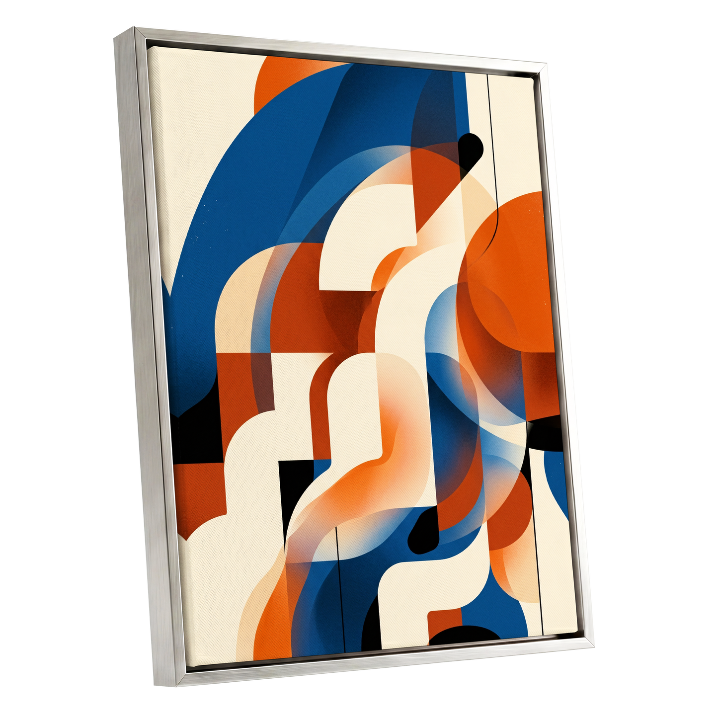 Arc Current, blue, orange, beige abstract wall art shown as a silver framed canvas wall art