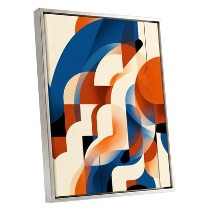 Arc Current, blue, orange, beige abstract wall art shown as a silver framed canvas wall art
