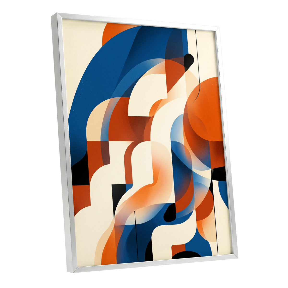 Arc Current, blue, orange, beige abstract wall art shown as a silver framed poster wall art print