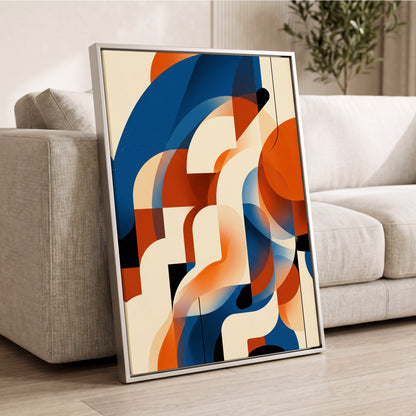 Arc Current, blue, orange, beige abstract wall art displayed in a styled interior, gallery view 2