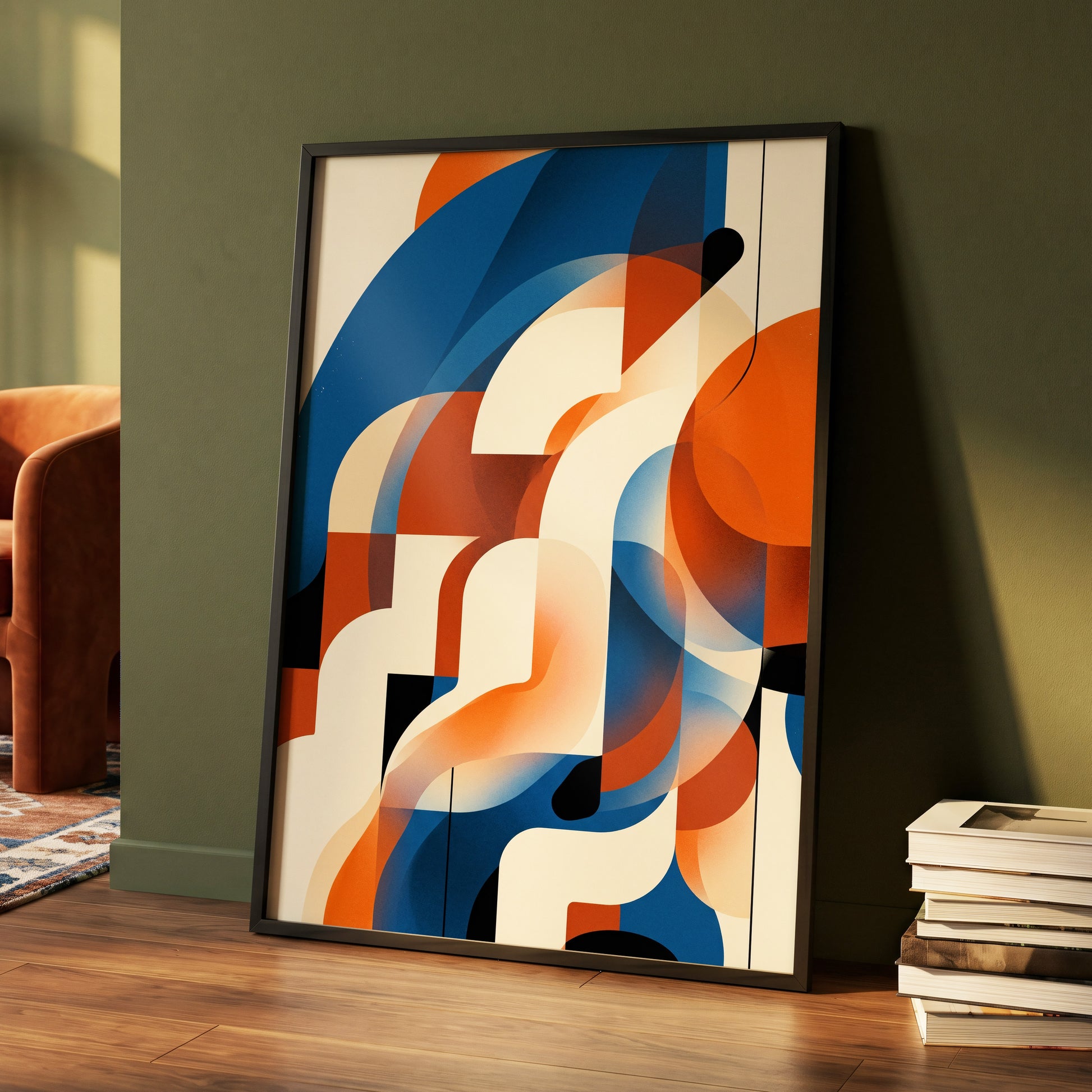 Arc Current, blue, orange, beige abstract wall art displayed in a styled interior, gallery view 4