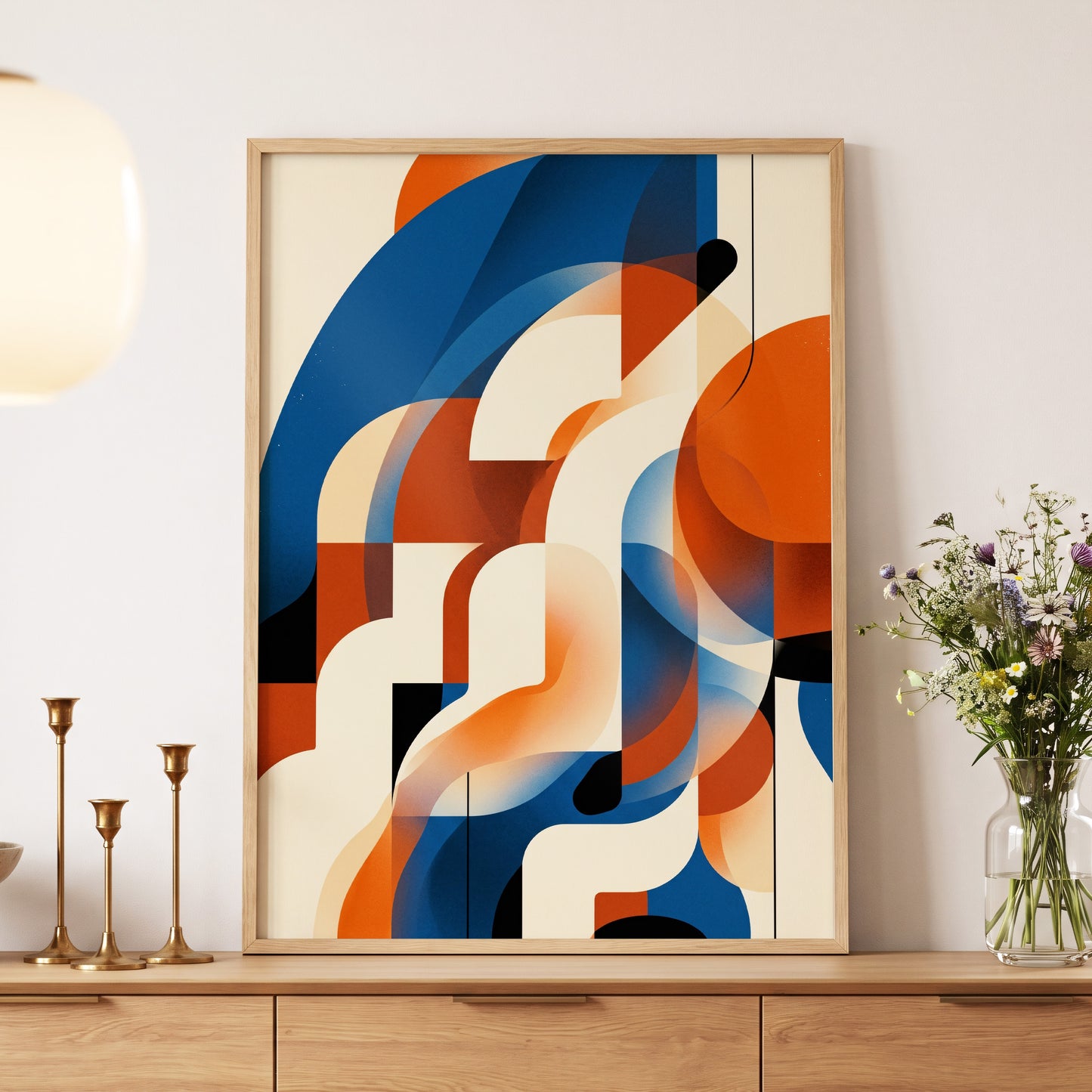 Arc Current, blue, orange, beige abstract wall art displayed in a styled interior, gallery view 5