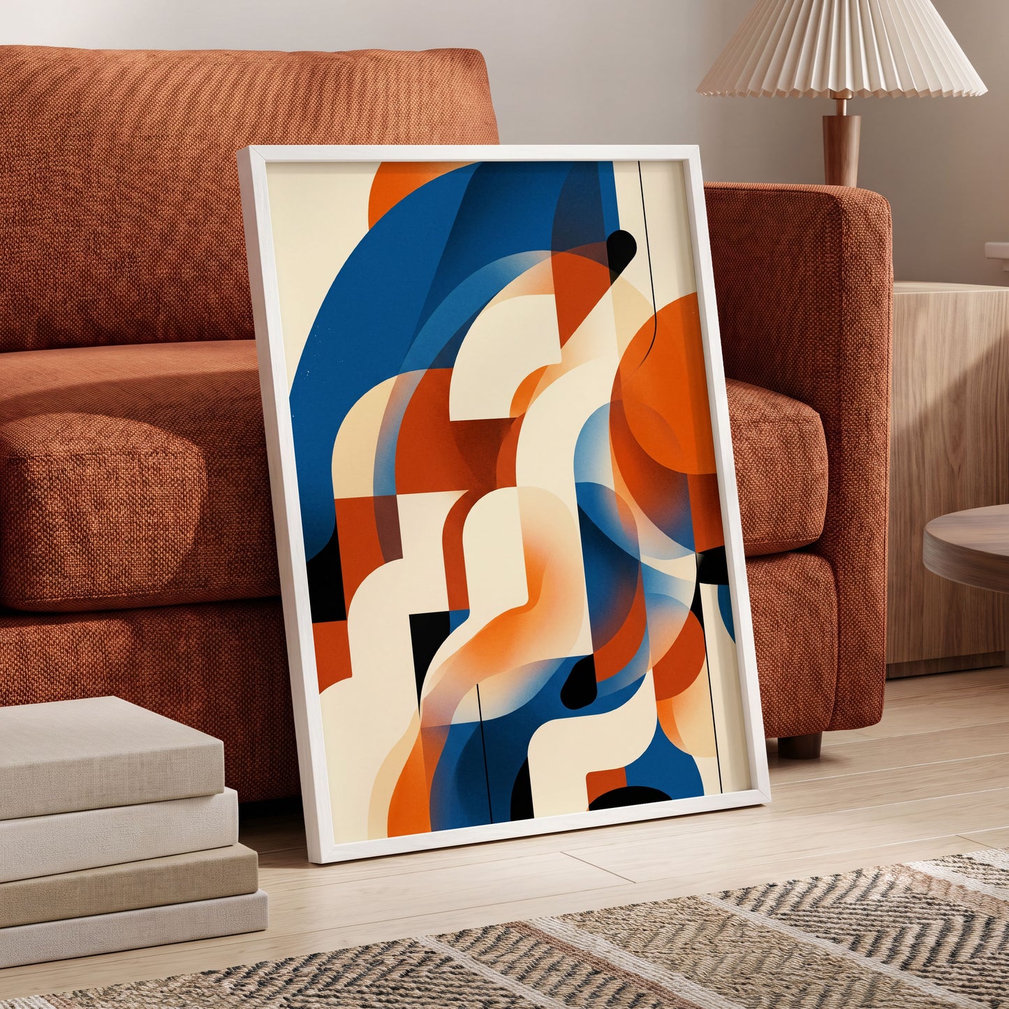 Arc Current, blue, orange, beige abstract wall art displayed in a styled interior, gallery view 6