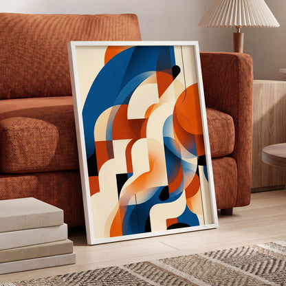 Arc Current, blue, orange, beige abstract wall art displayed in a styled interior, gallery view 6